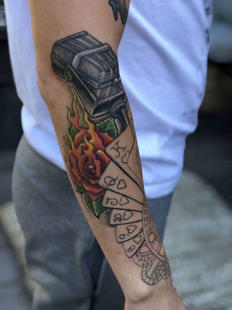 Jan Willem Huffmeijer met Sleeve van een oldschool rockabilly tattoo