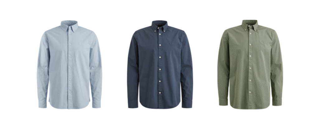 Drie PME Legend American Classic shirts in lichtblauw, donkerblauw en olijfgroen. De vernieuwde collectie combineert stijl, comfort en de stoere PME Legend-signatuur.