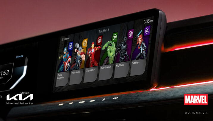 Kia-display met Marvel-superhelden zoals Captain America, Thor, Iron Man, Hulk en Black Widow in het nieuwe interactieve thema, ontwikkeld in samenwerking met Disney.