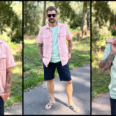 Jan Willem Huffmeijer draagt een outfit van PME Legend met roze overhemd, licht groen shirt en donker blauw short