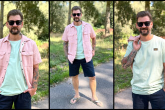 Jan Willem Huffmeijer draagt een outfit van PME Legend met roze overhemd, licht groen shirt en donker blauw short