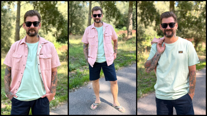 Jan Willem Huffmeijer draagt een outfit van PME Legend met roze overhemd, licht groen shirt en donker blauw short