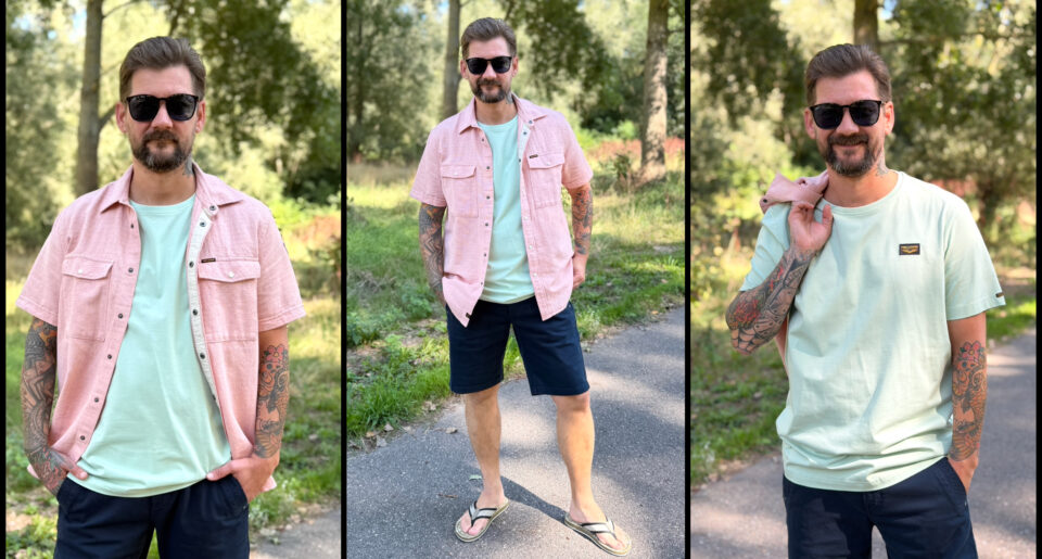 Jan Willem Huffmeijer draagt een outfit van PME Legend met roze overhemd, licht groen shirt en donker blauw short